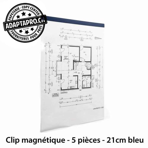 Clips magnétiques adhésifs - bleu - pour feuille de 21cm de large - 5 pièces