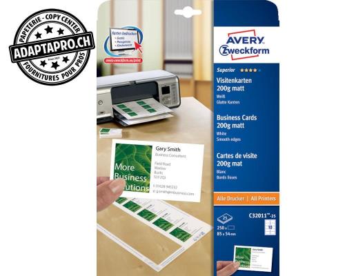 Cartes de visite AVERY ZWECKFORM, sans apprêt - 100 cartes - 200g/m2