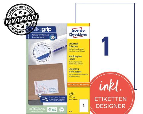 Etiquettes universelles AVERY ZWECKFORM ultragrip - 200x297mm - 1/A4 - 100 flles