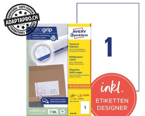 Etiquettes universelles AVERY ZWECKFORM ultragrip - 210x297mm - 1/A4 - 220 flles