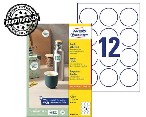 Etiquettes universelles AVERY ZWECKFORM ultragrip - rond dia 60mm - 24/A4 - 100 flles